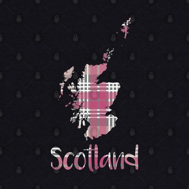 Scotland Pink, White and Grey Tartan Map Typography Design by MacPean